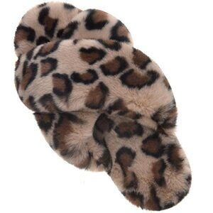 Womens Slippers Plush Cross Band Open Toe Slides Fuzzy Animal Print Loungewear